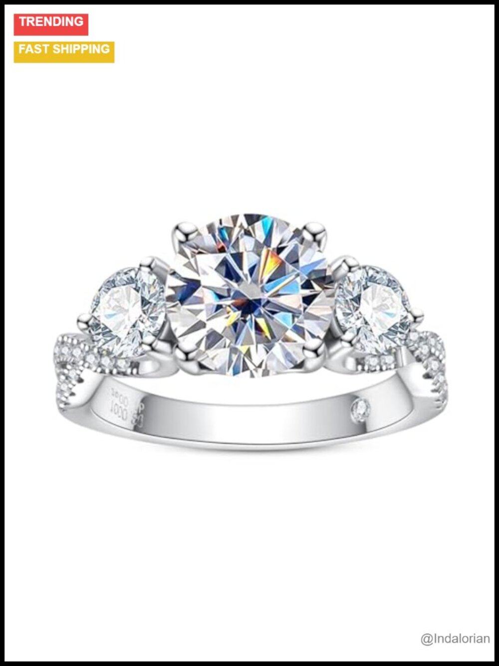 3 Stone Moissanite Engagement Ring 925 Sterling Silver 14K Gold Plated